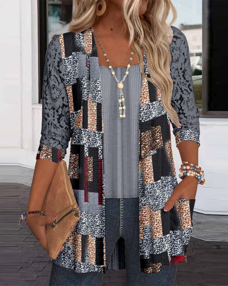 Bluse Manches Longues Imprimée Style Deux-Pièces Factice