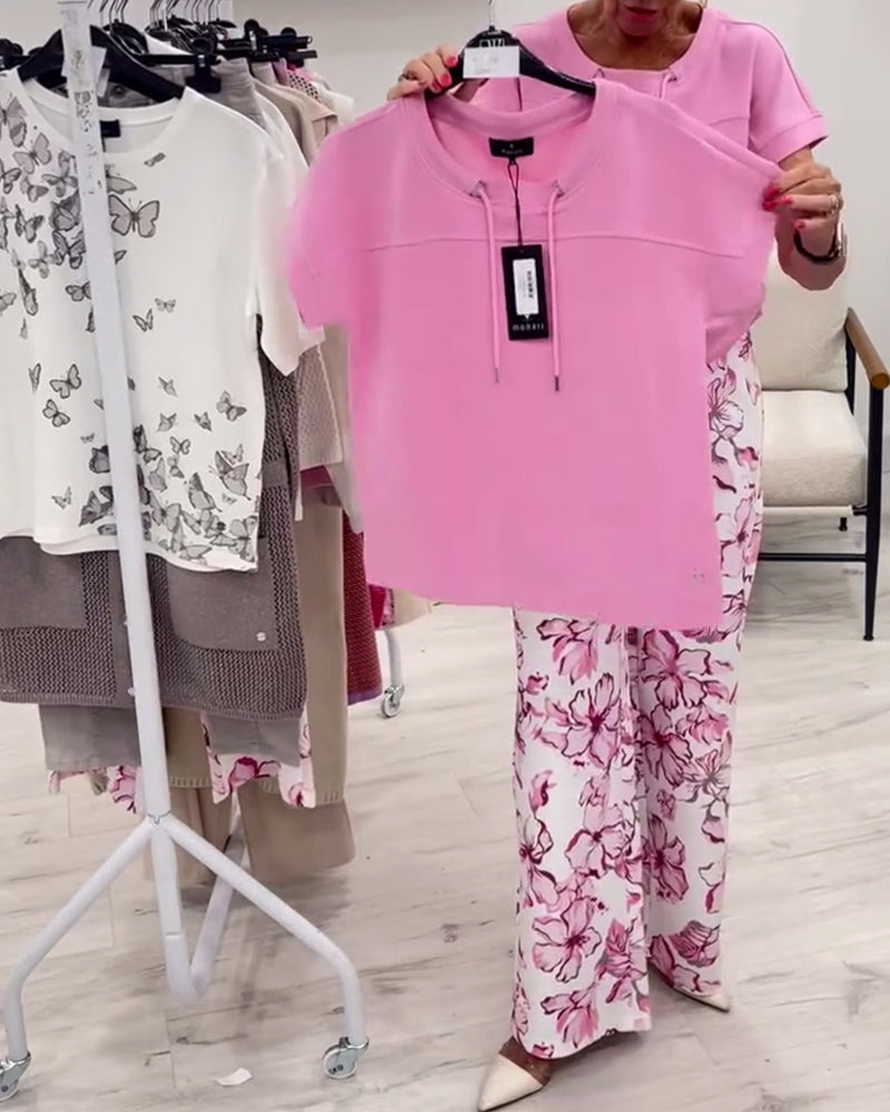 T-shirt z okrągłym dekoltem, wiązany, gładki, z krótkim rękawem
