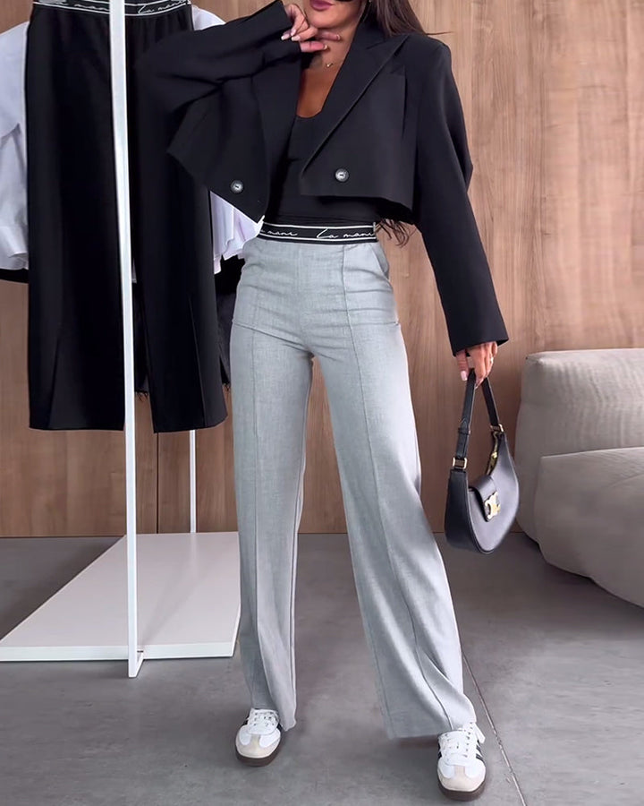 Pantalon droit décontracté de couleur unie avec poche zippée