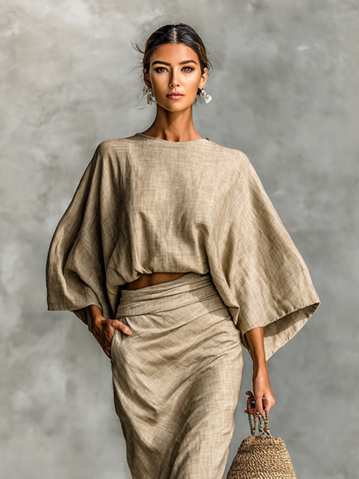 Weronika – Elegancki Dwuczęściowy Komplet z Drapowaną Spódnicą
