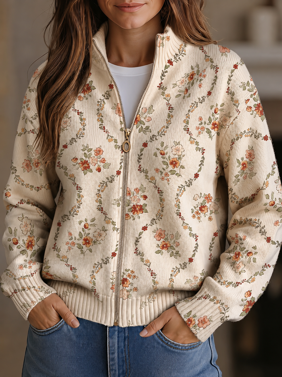 Cardigan zippé floral crème