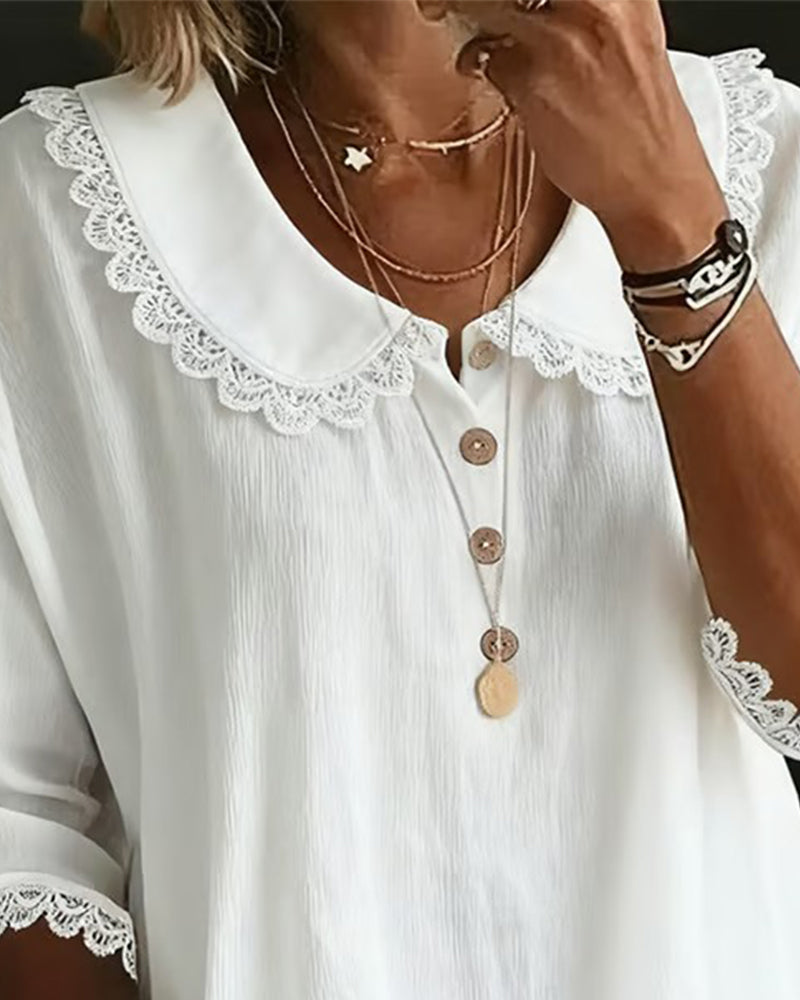 Blouse Dentelle Insérée Col Claudine