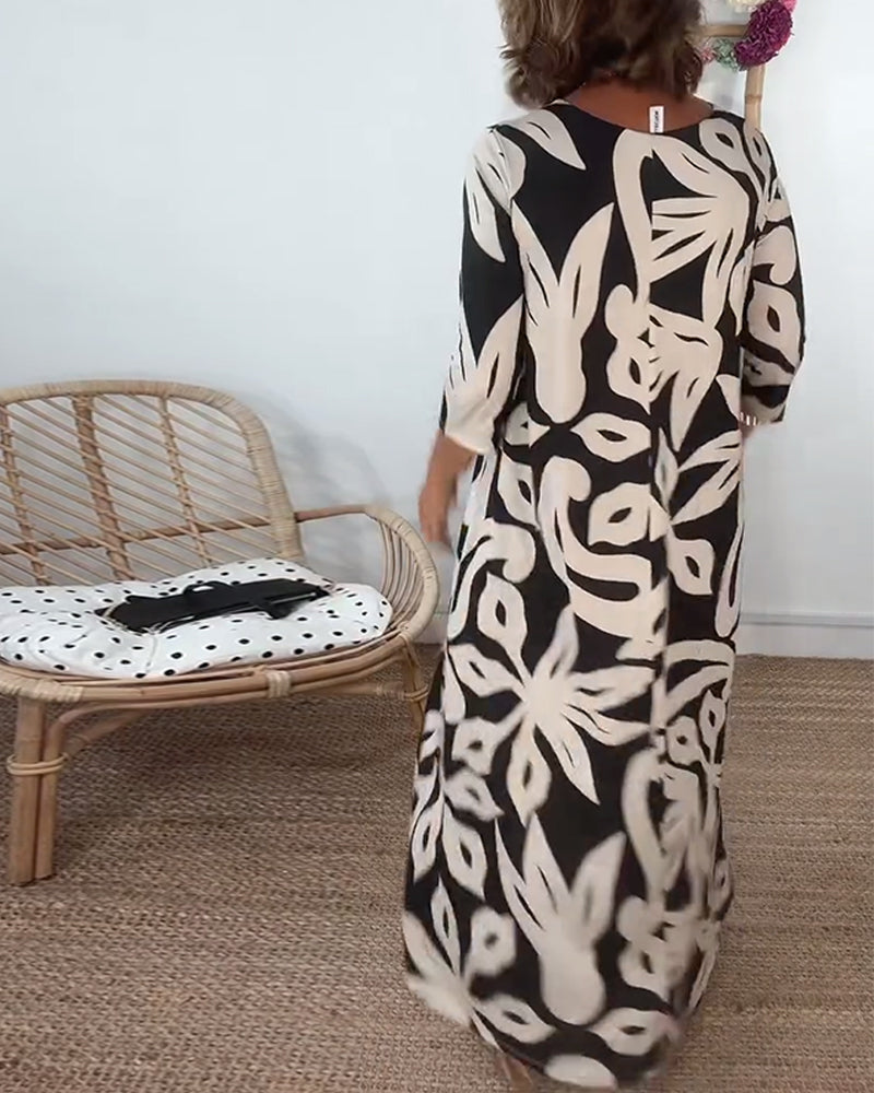 Robe À Col Rond Et Manches Longues Imprimée