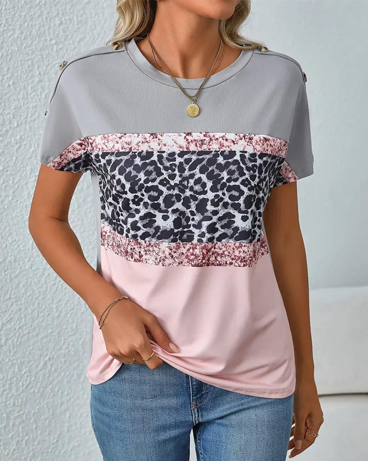 T-shirt z okrągłym dekoltem i nadrukiem w panterkę color block