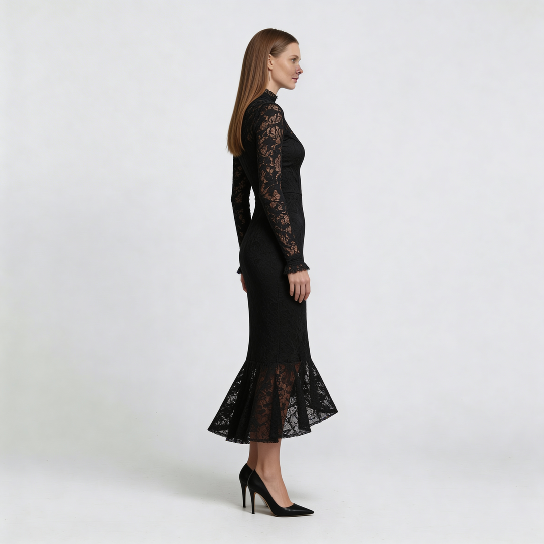Elwira - Elegancka czarna sukienka maxi z koronką