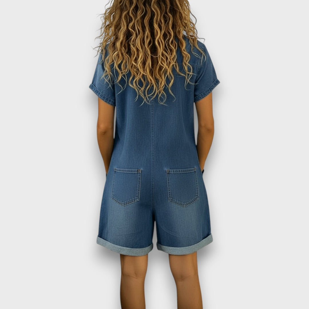 Klara - Krótki vintage kombinezon bawełnowy z efektem denimu