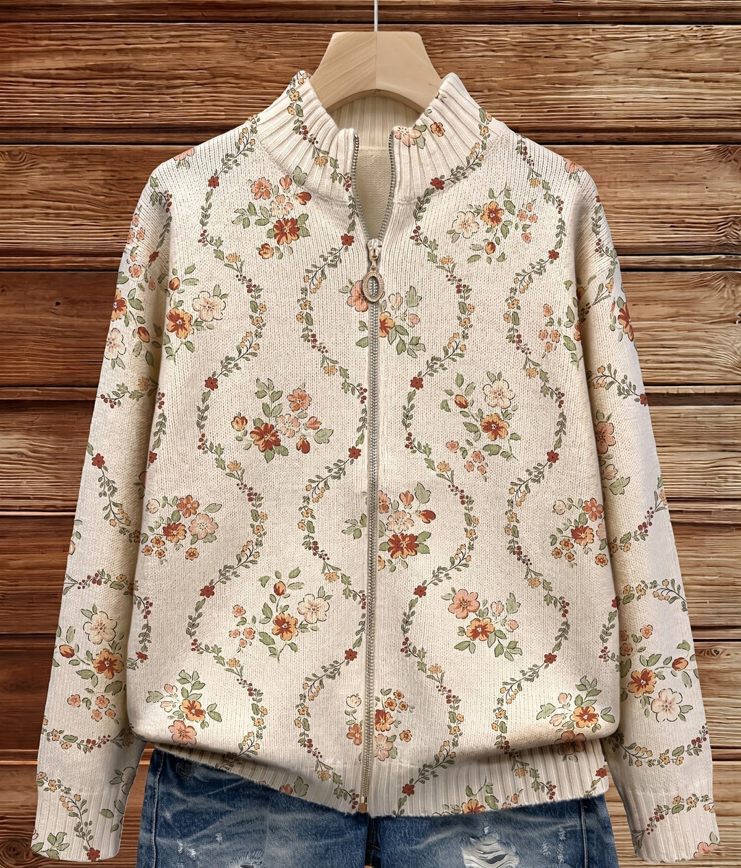 Cardigan zippé floral crème