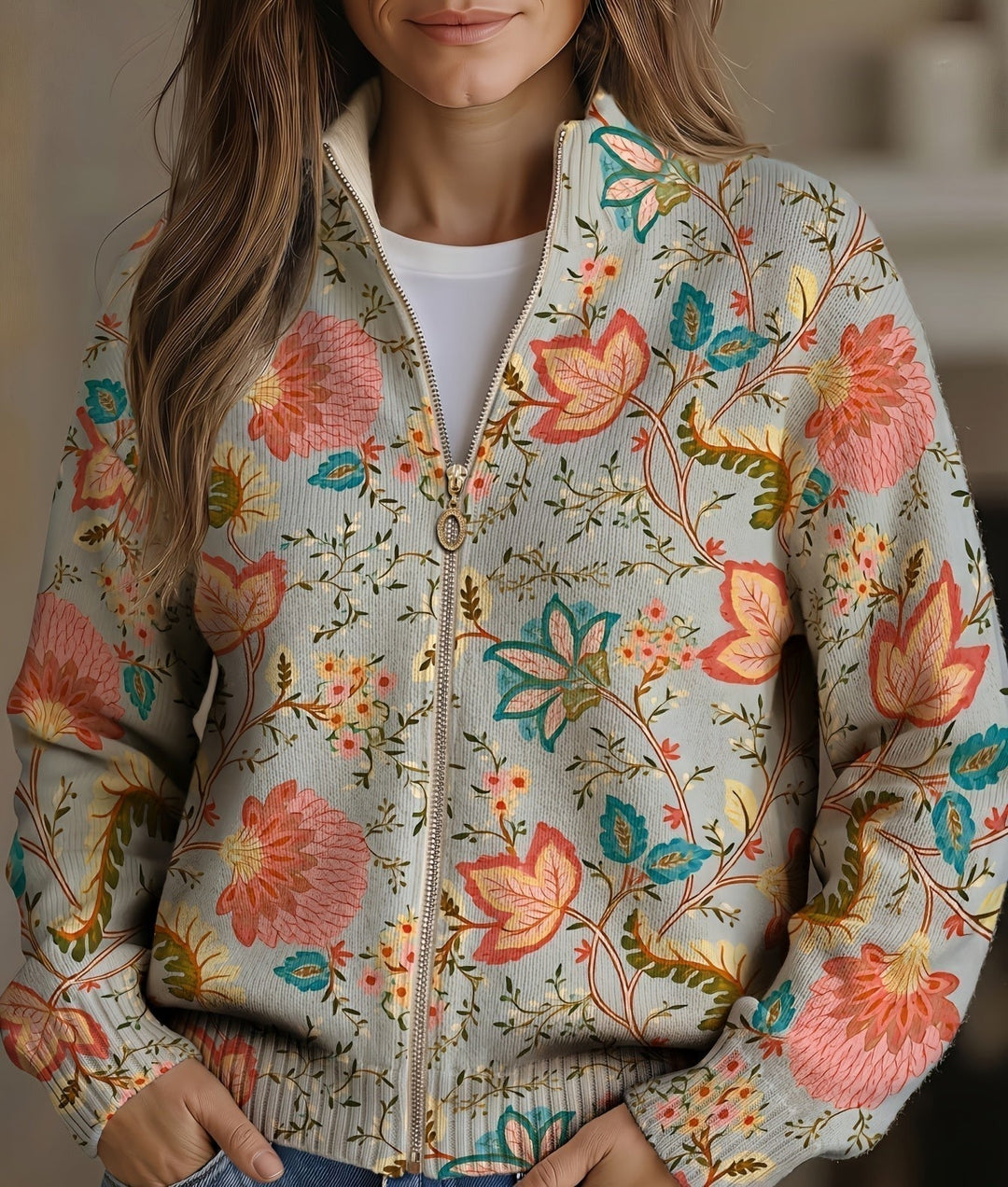 Cardigan zippé floral vintage